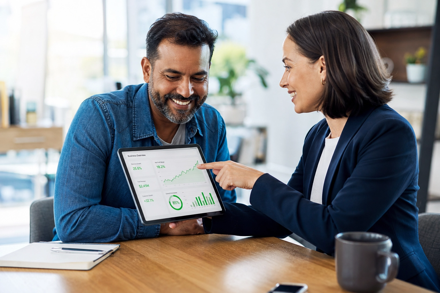 A consultant points to business performance metrics on a tablet while a smiling small business owner reviews the numbers together.